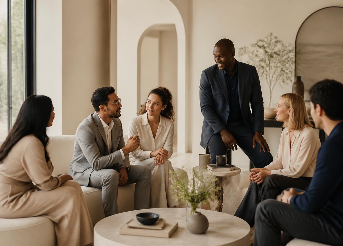 International customers in a calm consultancy lounge