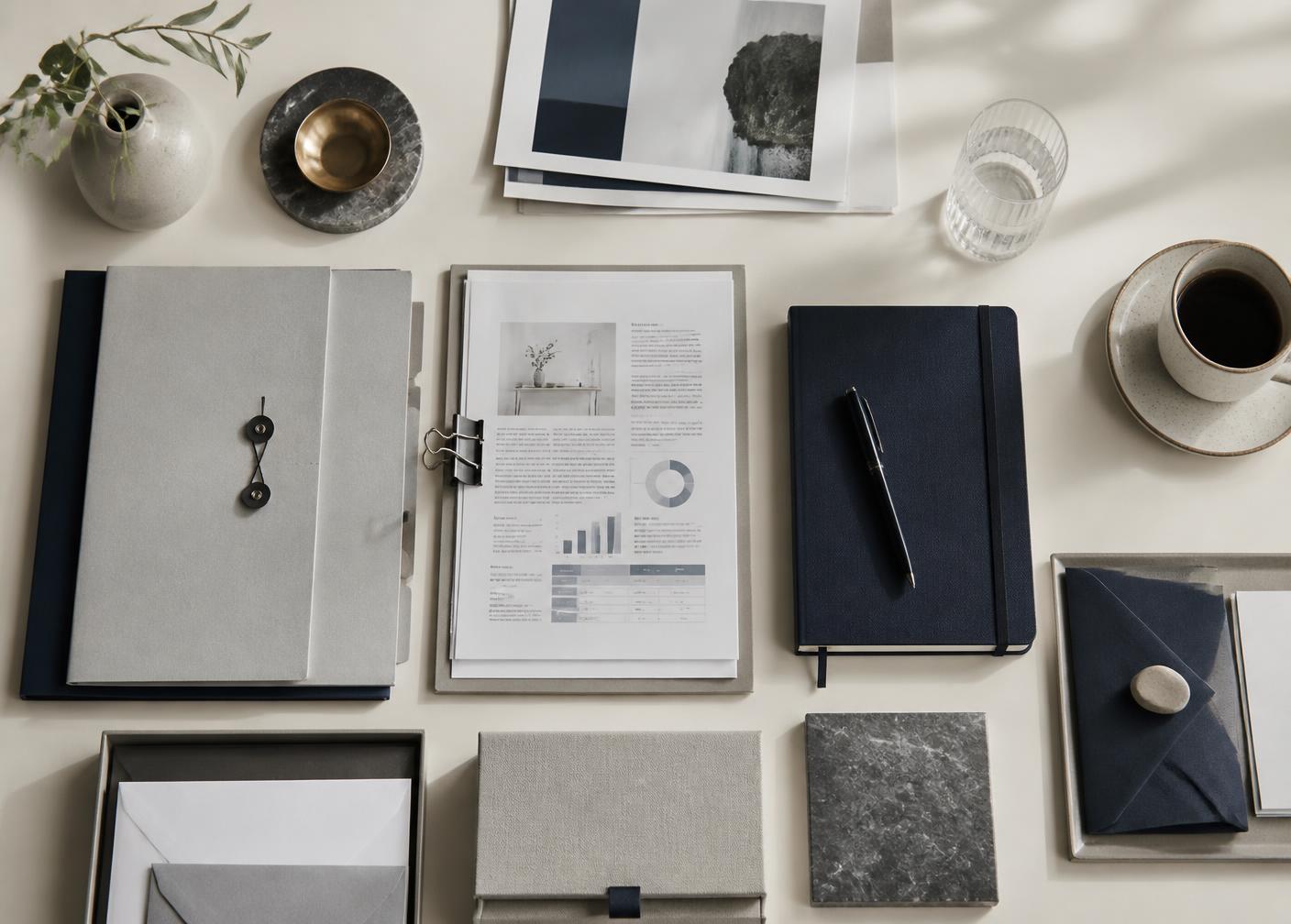Labelled document folders arranged on a desk
